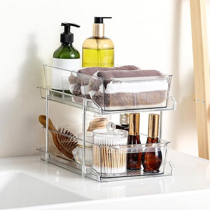 2 Tier Clear Organizer with Dividers for Cabinet, Shlef, Counter - MultiUse Slide-Out Storage Container - Kitchen, Pantry, Medicine Cupboard Bins, Bathroom, Vanity Makeup, Under Sink Organizing - Image 6