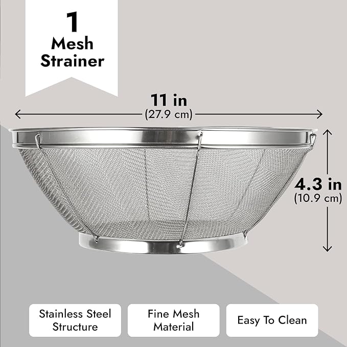 Juvale Stainless Steel Fine Mesh Strainer - Durable Rust-Resistant Mesh Colander - Ergonomic Handle Rice Colander - Ultra-Fine Flour Sifter - Dishwasher Safe with Stable Design - 11 in x 4 in, Silver - Image 4