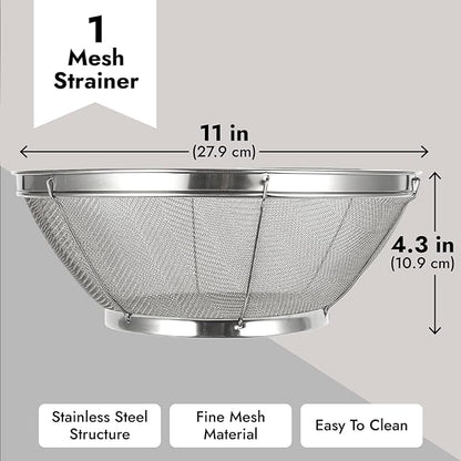 Juvale Stainless Steel Fine Mesh Strainer - Durable Rust-Resistant Mesh Colander - Ergonomic Handle Rice Colander - Ultra-Fine Flour Sifter - Dishwasher Safe with Stable Design - 11 in x 4 in, Silver - Image 4