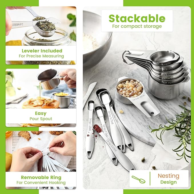 Spring Chef Stainless Steel Measuring Cups and Spoons Set of 14 with Leveler, Nesting Kitchen Metal Measuring Cups and Spoons Set for Dry and Liquid Ingredients, Perfect for Cooking & Baking - Image 5