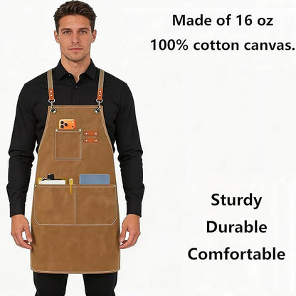 AFUN Chef Aprons for Men Women with Oversized Pockets, 16-Ounce Cotton Canvas Cross Back Heavy Duty Work Apron (Brown) - Image 3