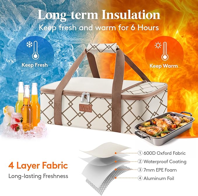 Lifewit Insulated Single Decker Casserole Carrier, Lasagna Lugger Holder for Hot or Cold Food, Fits 9" x 13" Baking Dish, Thermal Lunch Tote Bag for Potluck Parties, Picnic and Cookouts, Cream