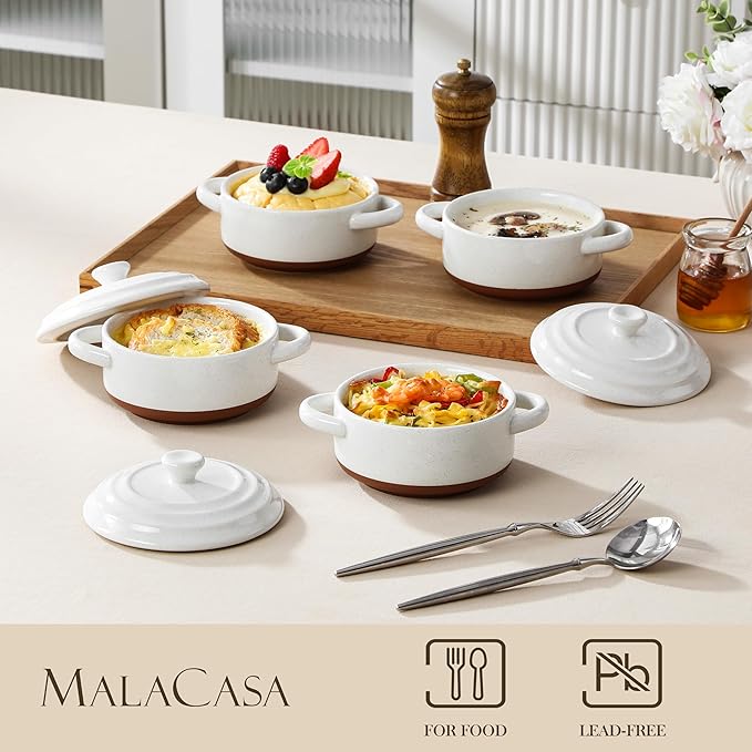 MALACASA Mini Cocotte Set - 12 OZ Small Casserole Dishes for Oven, Ramekins with Lids and Handles, Ceramic Mini Dutch Oven Set of 4, Microwave & Dishwasher Safe, Khaki White, Series TARA - Image 3