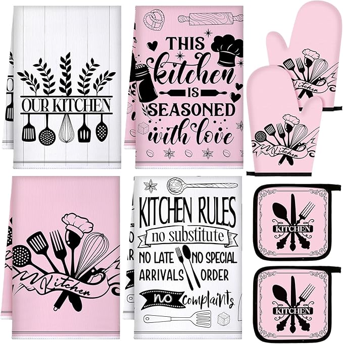 Leinuosen 8 Pcs Kitchen Towels and Oven Mitts Sets Pot Holders Dishcloths Set Kitchen Decorative Accessories Absorbent Potholders Heat Resistant for Chef Baking Cooking by Leinuosen