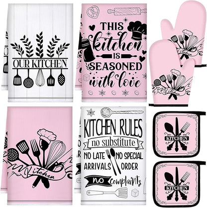 Leinuosen 8 Pcs Kitchen Towels and Oven Mitts Sets Pot Holders Dishcloths Set Kitchen Decorative Accessories Absorbent Potholders Heat Resistant for Chef Baking Cooking by Leinuosen
