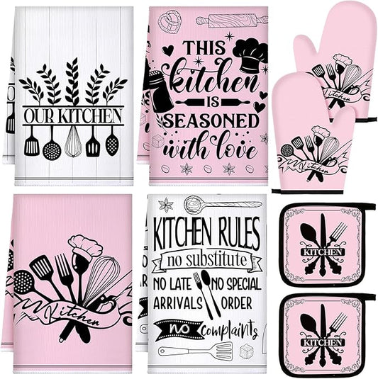 Leinuosen 8 Pcs Kitchen Towels and Oven Mitts Sets Pot Holders Dishcloths Set Kitchen Decorative Accessories Absorbent Potholders Heat Resistant for Chef Baking Cooking by Leinuosen