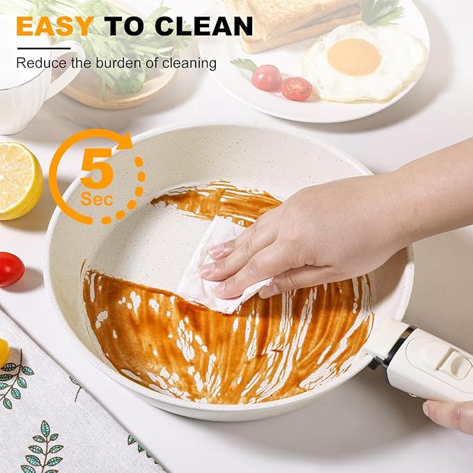 Pots and Pans Set Non Stick, Ceramic Cookware Set Nonstick Frying Pans 5 Pcs-Non Toxic PFAS/PFOA/PTFE Free, with Detachable Handle for RV Kitchen, Induction & Dishwasher Safe Cream White - Image 5