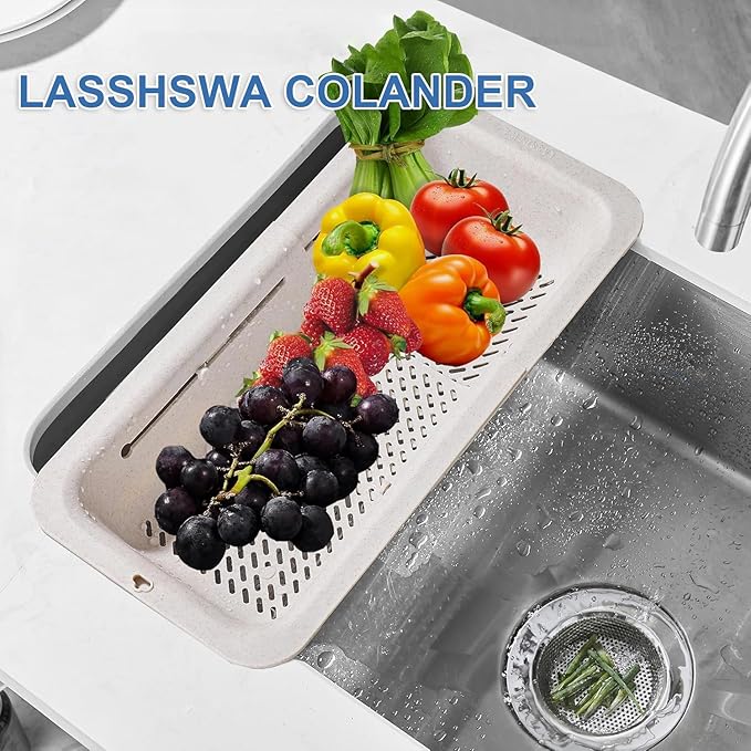 LASSHSWA Collapsible Colander for Kitchen, Over the Sink Strainer Basket for Kitchen, Fruit Pasta Food Strainer Expandable Plastic Colander BPA Free (Straw) - Image 2