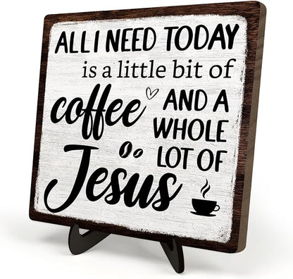 Coffee Bar Plaque, Vintage Desk Decor for Home or Office,Cafe Bar Sign - All I Need Today is a Little Bit of Coffee and A Whole Lot of Jesus,Christian Kitchen Accessories 5.9x5.9IN(White-coffee) by DMADNF