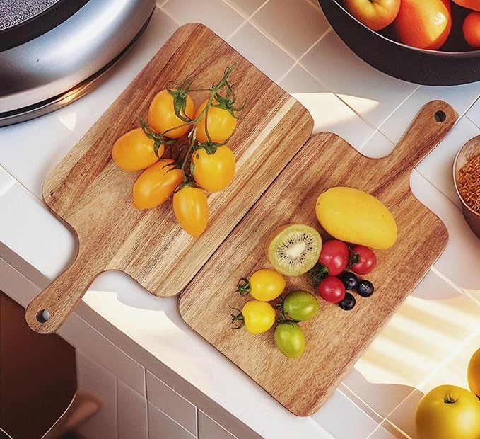 ZeQi 2PCS Small Acacia Wood Cutting Board with Handle 13.7''X7'', Chopping Board, Charcuterie Board, Serving Board for Cheese, Bread, Meat, Vegetables & Fruits (2 Pack Rectangular) - Image 3