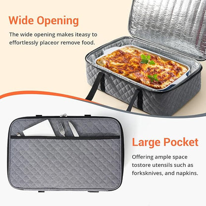 Insulated Casserole Carrier Portable Food Tote for Hot or Cold – Fits 9"x13" Baking Dish, Lasagna Holder for Parties, Picnic, Travel, Beach - Grey