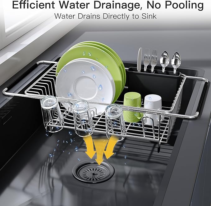 JASIWAY Dish Drying Rack in Sink, Expandable Stainless Steel Dish Drainers for Kitchen Counter, Dish Dryer Rack for Inside Sink, Over The Sink Dish Racks with Utensil Holder, Silver - Image 6
