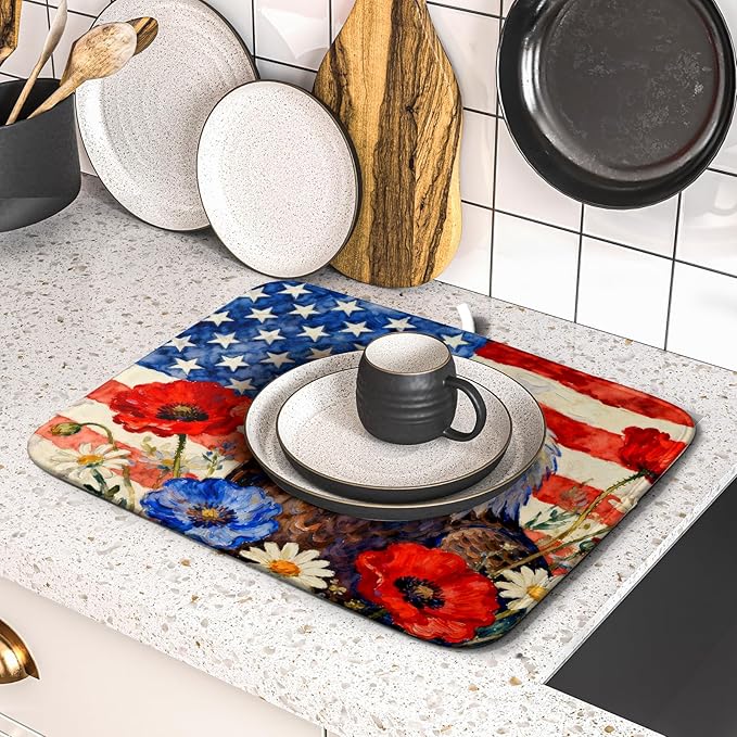 4th of July American Flag Eagle Dish Drying Mat for Kitchen Counter 16x18 Patriotic Floral Memorial Day Absorbent Reversible Microfiber Drying Mats Kitchen Countertop Protector Dishes Drainer Pad - Image 5