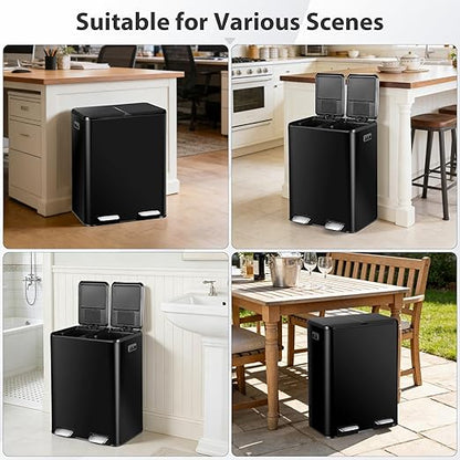 SUPER DEAL Kitchen Trash Can, 16 Gallon 60L Dual Garbage and Recycling Can with Foot Pedal for Kitchen, Living Room, Office, Removable Inner Buckets Soft Close Lid Odor Proof, Stainless Steel, Black