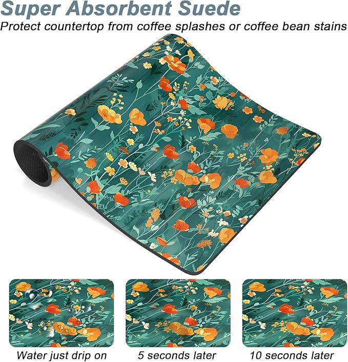 Rnivvi Coffee Mat, 12" x 19" Cute Coffee Bar Mats for Espresso Machine Station Accessories and Organizer, Hide Stain Rubber Backed Absorbent Dish Drying Pad for Kitchen Counter, Gentle Forest Flowers - Image 3