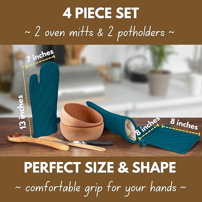 Native Fab Pot Holders and Oven Mitts Sets for Kitchen Heat Resistant - Hanging Non-Slip - 100% Cotton Kitchen Oven Mitts and Pot Holders 4 Piece Set - Teal - Image 2