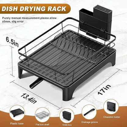 Dish Drying Rack for Kitchen Counter, Dish Rack, Dish Drainer for Kitchen with Built-in Drain, Stainless Steel Sink Organization and Storage Essentials with Cutlery Holder (17" x 13.4", Black)