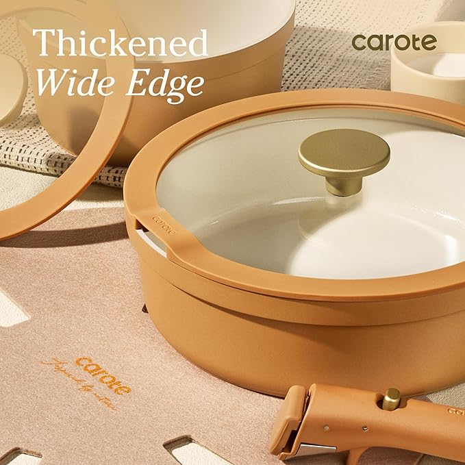 Carote 20pcs Ceramic Cookware Set with Detachable Handles, Pots and Pans Set Non Stick, RV Kitchen Cooking Pot and Pan, Dishwasher Safe, Non-toxic Induction Cookware PFAS and PFOA Free,Orange - Image 5