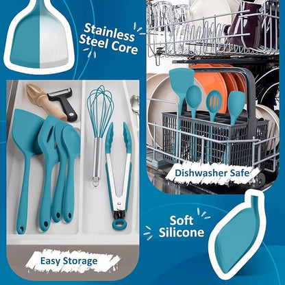 Silicone Cooking Utensils Set of 10, Kitchen Utensils Set for Cooking, 446°F Heat Resistant Silicone Kitchen Tools with Turner Spatula, Soup Ladle, Serving Spoons, Tongs for Nonstick Cookware - Blue