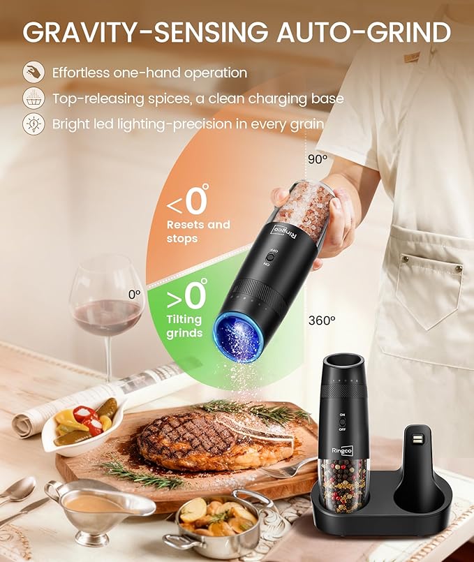 Gravity Electric Salt and Pepper Grinder Set with Charging Base, Automatic Gravity Salt and Pepper Mill with Adjustable Coarseness, LED Light, 135ml Large Capacity, Gifts for Women