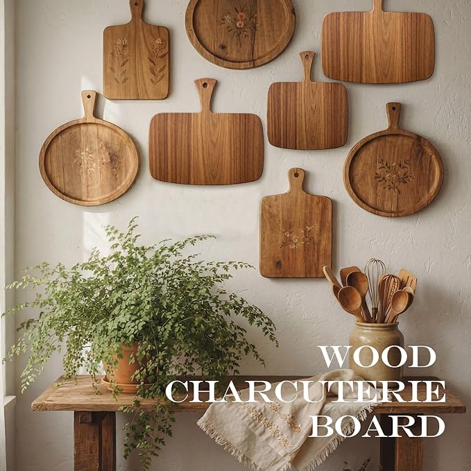 Nuenen Wood Cutting Board with Handle 12x11x0.47 Inch Acacia Bamboo Wooden Serving Kitchen Chopping Boards for Pizza, Bread, Cheese, Charcuterie, Fruit, Vegetables(1 Pcs, Acacia) - Image 5