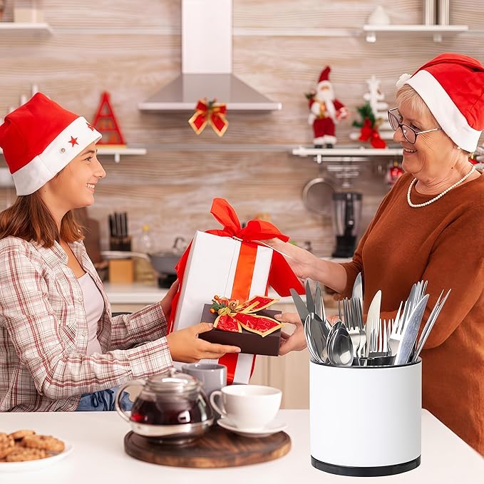 LIBODOUR Silverware Organizer Kitchen Utensil Holder 360°Rotating For Counter Organizer Stainless Steel Storage Silverware Caddy 3 Compartment Flatware Spoon Spatula Tool Cutlery Container(White) - Image 2