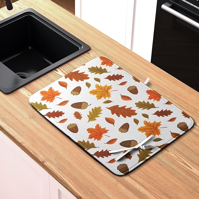Fall Leaves Dish Drainer Mat - Absorbent Drying Mat for Counter - 18x24 Inch, Orange Maple Leaf Pattern - Image 6