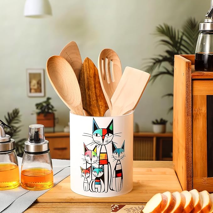WILLBOND Cat Kitchen Decor Acrylic Kitchen Utensil Holder Crock Spoon Organizer for Countertop Cat Table Decor Coffee Spoon Holder Jar for Cooking Tools
