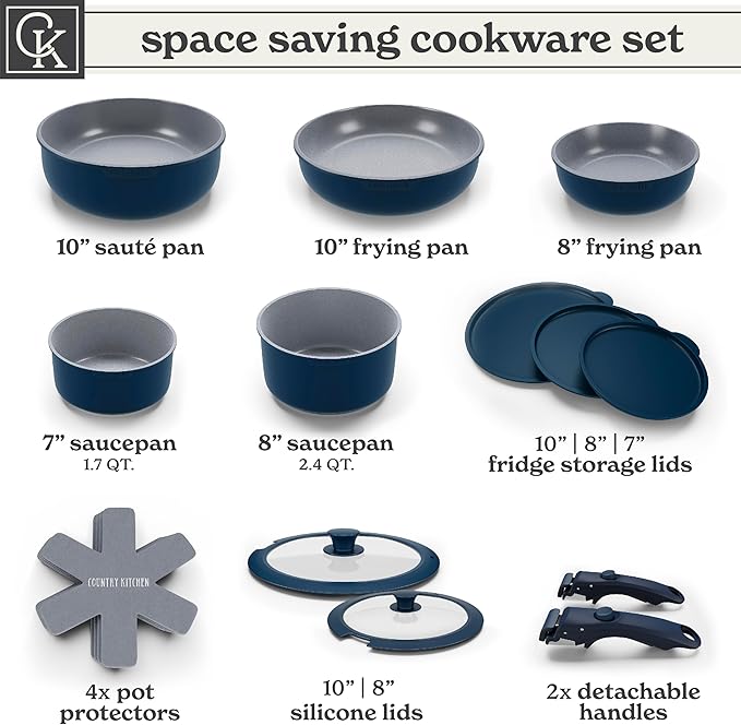 Country Kitchen Cookware Set with Removable Handle, Oven & RV Safe Pots and Pans Set, Denim, Original - Image 3