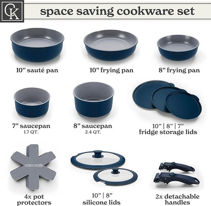 Country Kitchen Cookware Set with Removable Handle, Oven & RV Safe Pots and Pans Set, Denim, Original - Image 3
