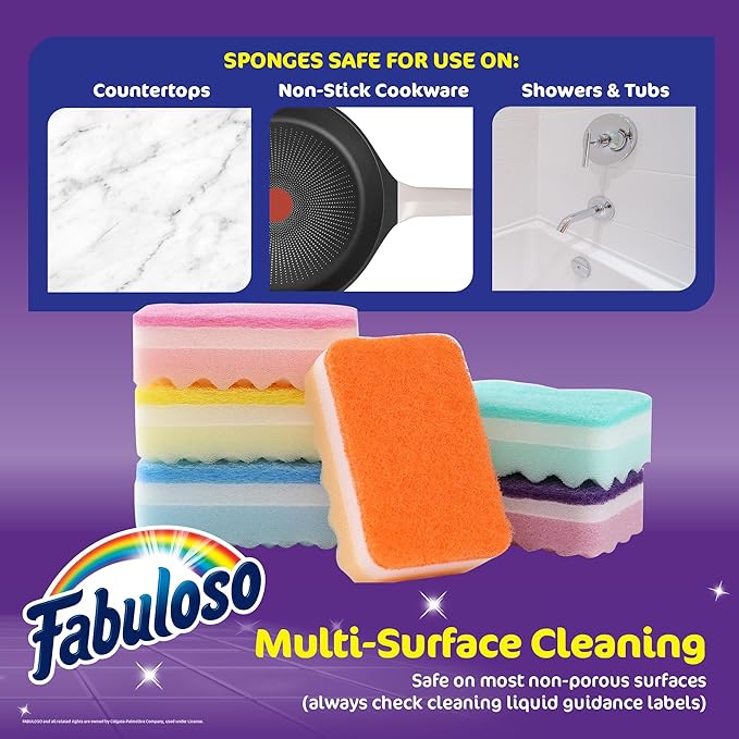 Fabuloso Scratch-Free Kitchen Dish Sponges, Rainbow Cellulose Scrubber Sponge with Scouring Pad for Dishes, Pots, Pans, Counters and Sinks, Tough on Messes, 4.25 x 2.75 x 1.25 in, 6 Count - Image 6