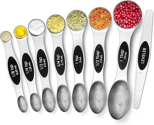 Urbanstrive 8 Pcs Upgraded Magnetic Measuring Spoons Set Stainless Steel Dual Sided for Liquid Dry Food Measuring Cups Spoons Set Fits in Spice Jar Kitchen Gadgets Including Leveler, Silver by Urbanstrive