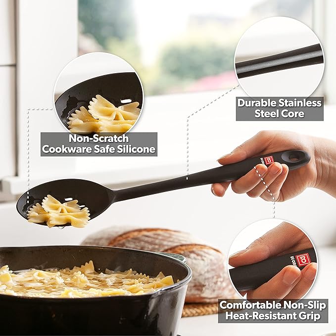 DI ORO Silicone Spoons for Cooking - Large Kitchen Spoons for Mixing, Serving, & Stirring - 600°F Heat-Resistant Non Stick Utensils – Big Solid & Slotted - Dishwasher Safe (2pc, Black) - Image 3