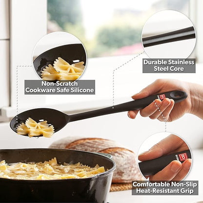 DI ORO Silicone Spoons for Cooking - Large Kitchen Spoons for Mixing, Serving, & Stirring - 600°F Heat-Resistant Non Stick Utensils – Big Solid & Slotted - Dishwasher Safe (2pc, Black) - Image 3
