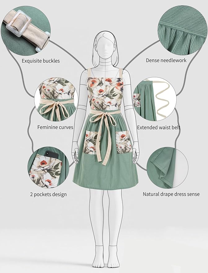 Pinknoke Vintage Pinafore Apron Dress for Women with Pockets Cute Floral Chef Aprons for Kitchen Cooking Baking Gardening - Image 4