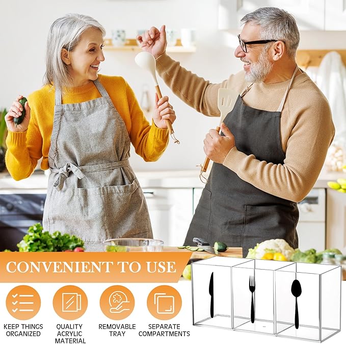 Suzile Acrylic Cutlery Storage Organizer Bin Silverware Caddy Countertop Knife Spoon and Fork Holder Kitchen 3 Section Tableware Storage Box for Cabinet Indoor Home Flatware Dining Room (Clear,M) - Image 5