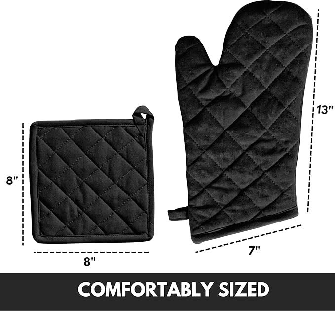 Oven Mitt & Pot Holder 100% Cotton Easter Heat Resistant Oven Gloves (7"x13") & Hot Pads (8"x8") Combo for Gifts, Cooking - Black