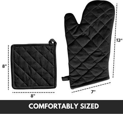Oven Mitt & Pot Holder 100% Cotton Easter Heat Resistant Oven Gloves (7"x13") & Hot Pads (8"x8") Combo for Gifts, Cooking - Black