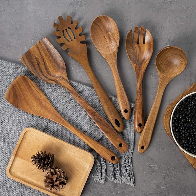 AIUHI 10 Pack Wooden Spoons for Cooking, Teak Wood Kitchen Utensils Set for Non Stick Use, Spatula Set for Stirring, Baking, Non Stick Wooden Utensils for Kitchen - Image 5