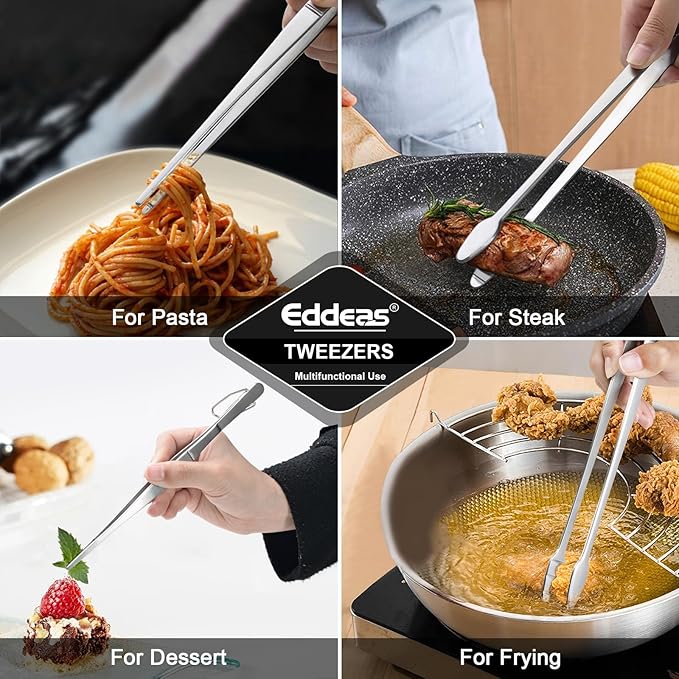 Eddeas Kitchen Tweezers Tongs, Cooking Tweezers Stainless Steel - 3 Size 12'' 10'' & 8 inch Ideal for Meat, pasta, plating and pinching delicate small pieces of food, Set of 3 - Image 6
