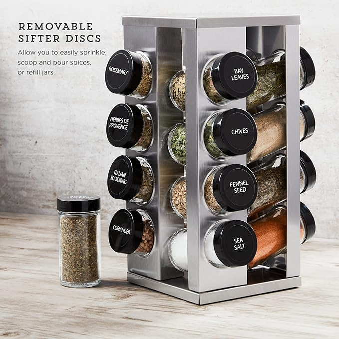 Kamenstein 16 Jar Heritage Revolving Countertop Spice Rack Organizer with Spices Included, FREE Spice Refills for 5 years, Brushed Stainless Steel with Black Caps | Revolving, Organizer, with Spices Included, with Black Caps - Image 5
