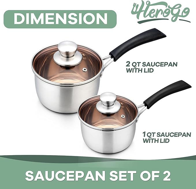Herogo 1 Quart & 2 Quart Saucepan Set with Lid, 18/10 Stainless Steel Sauce Pan Pot, 2Qt 1Qt Saucepan for Home Kitchen Restaurant, Dishwasher Safe - Image 2