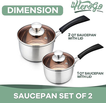 Herogo 1 Quart & 2 Quart Saucepan Set with Lid, 18/10 Stainless Steel Sauce Pan Pot, 2Qt 1Qt Saucepan for Home Kitchen Restaurant, Dishwasher Safe - Image 2