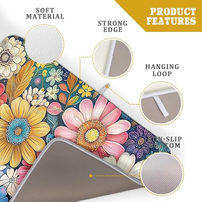 Giwawa Boho Flower Dish Drying Mat, Colorful Floral Leaf Dish Drainer Mats, Rustic Wildflower Plant Botanical Reversible Dish Drying Rack Pad Protector for Kitchen Countertop Decor, 18"x24"