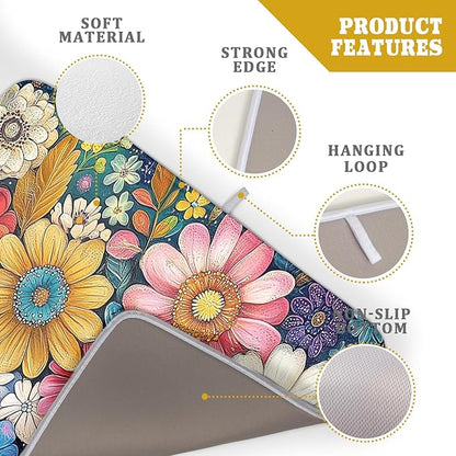Giwawa Boho Flower Dish Drying Mat, Colorful Floral Leaf Dish Drainer Mats, Rustic Wildflower Plant Botanical Reversible Dish Drying Rack Pad Protector for Kitchen Countertop Decor, 18"x24"