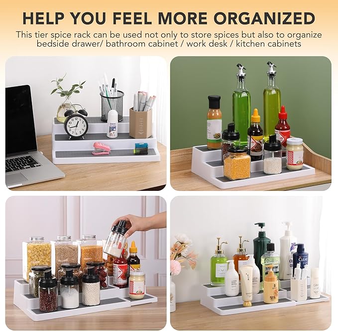 CiWiVOKi 3 Tier Expandable Spice Rack Organizer, Plastic Spice Rack, Adjustable Length 14.6In-25.8In, Non-Skid Tiered Spice Shelf Organizer for Kitchen Cabinet, Cupboard, Pantry, White/Grey - Image 7