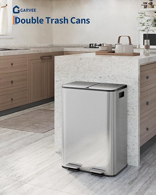 Garvee 2-in-1 Kitchen Trash and Recycle Combo, 30L (2 x 8 Gal) Stainless Steel Step Trash Can with Soft-Close Lid, Dual Compartment Garbage Bin for Kitchen - Image 2
