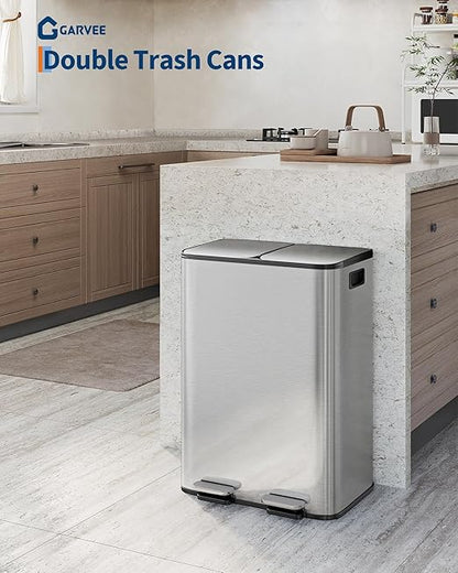 Garvee Double Trash Can, 2 x 8 gal (2 x 30 L) Garbage Can for Kitchen Dual Compartment Recycling Kitchen Step Trash Bin, Stainless Steel Trash and Recycle Bin Combo with Soft-Close Lid,Silver - Image 2