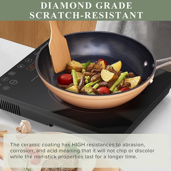 Nuwave Healthy Duralon Blue Ceramic Nonstick Cookware Set, Diamond Infused Scratch-Resistant, PFAS Free, Dishwasher & Oven Safe, Induction Ready & Evenly Heats, Tempered Glass Lids & Stay-Cool Handles - Image 4