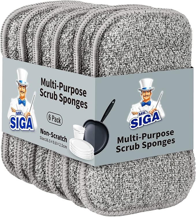 MR.SIGA Dual-Sided Scrub Sponges, Long lasting, Reusable Dishwashing Sponges for Kitchen, 6 Pack by MRSIGA
